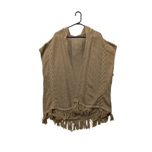 VTG Charlotte Russe Womens Tan Cable Knit Hooded Fringe Poncho Vest Open Frnt SM